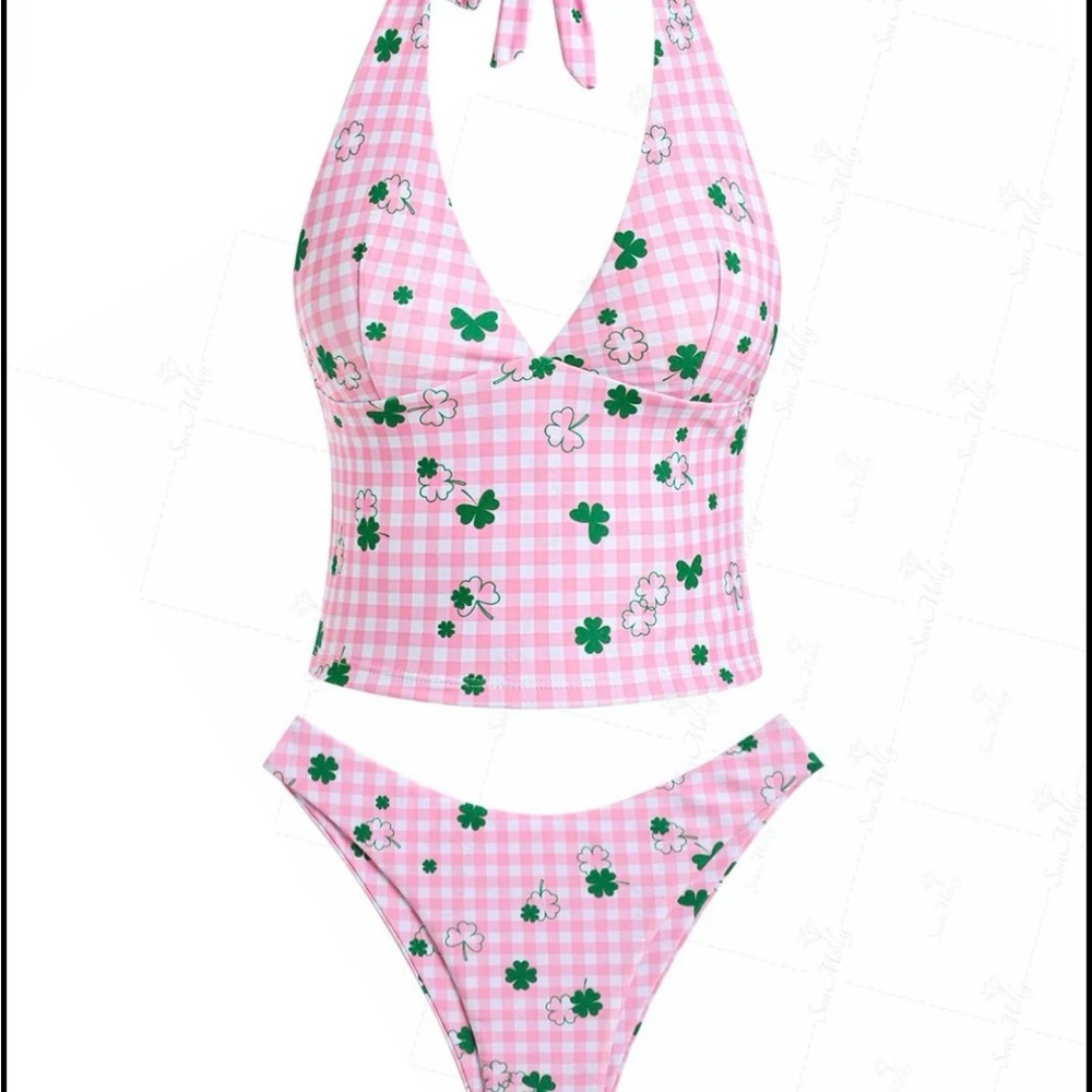 Seamolly Bikini Tankini Large New Pink White Gingham Four Leaf Clover